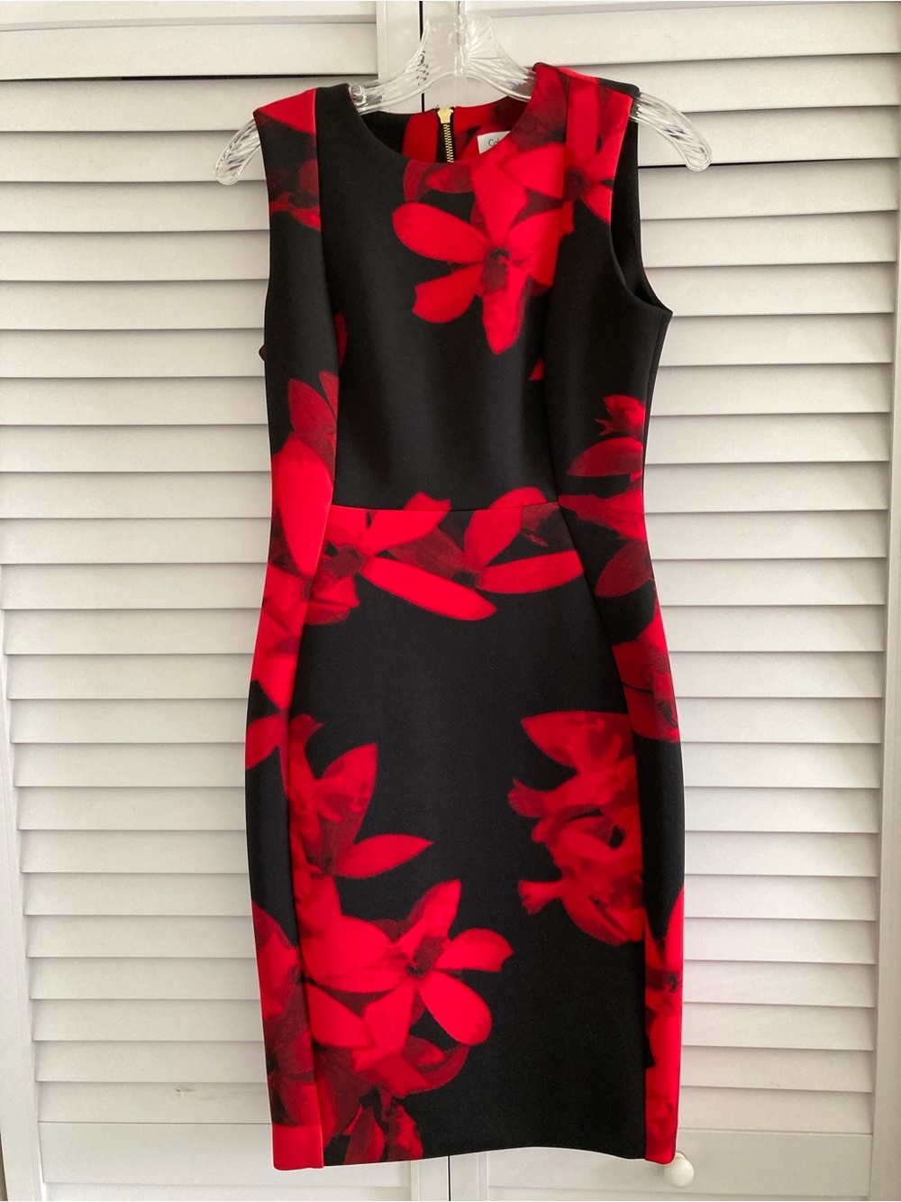 Calvin Klein Black Sheath Dress with Red Floral Print